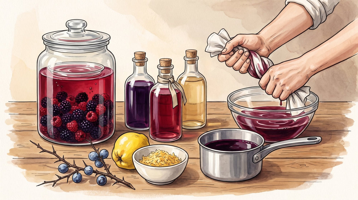 Glas mit Beeren im Ansatz, drei kleine verkorkte Flaschen Fruchtlikör in Dunkelviolett, Rubinrot und Goldgelb, davor Schlehen, eine Quitte und Holundersaft; zwei Hände pressen den Ansatz durch ein Tuch