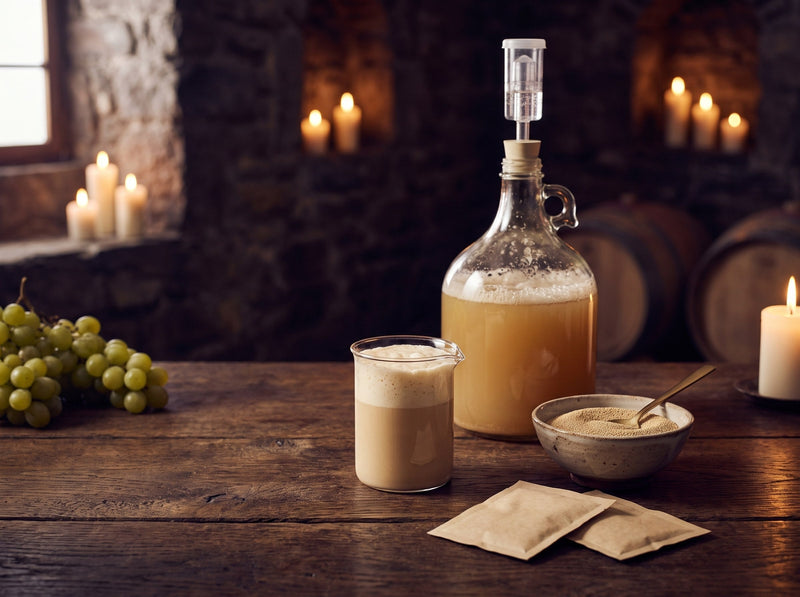 Becherglas mit aufschäumender Weinhefe, eine Schale Trockenhefe mit Messinglöffel und zwei Hefetütchen vor einem gärenden Weinballon mit Gärröhrchen