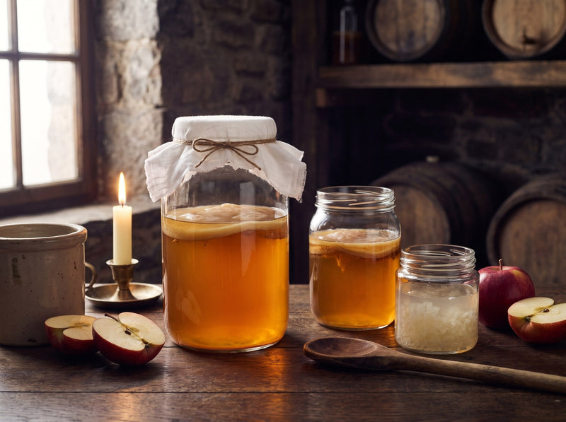 Großes Glas Apfelessig mit Essigmutter unter einem Baumwolltuch, daneben Kombucha, Wasserkefir-Kristalle und halbierte Äpfel auf einem Eichentisch