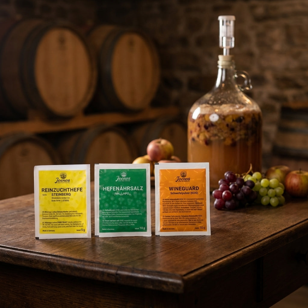 Gärstart-Trio: ein Tütchen Weinhefe, ein Beutel Hefenährsalz und ein Beutel Schwefelpulver – Stimmungsbild
