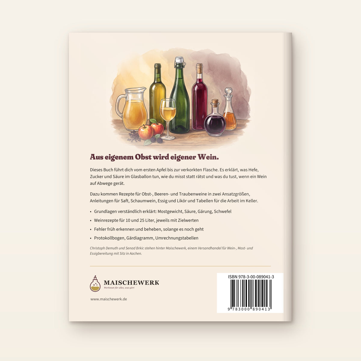 Rückseite des Buchs mit dem Klappentext „Aus eigenem Obst wird eigener Wein.“, einer Übersicht des Inhalts und dem ISBN-Strichcode