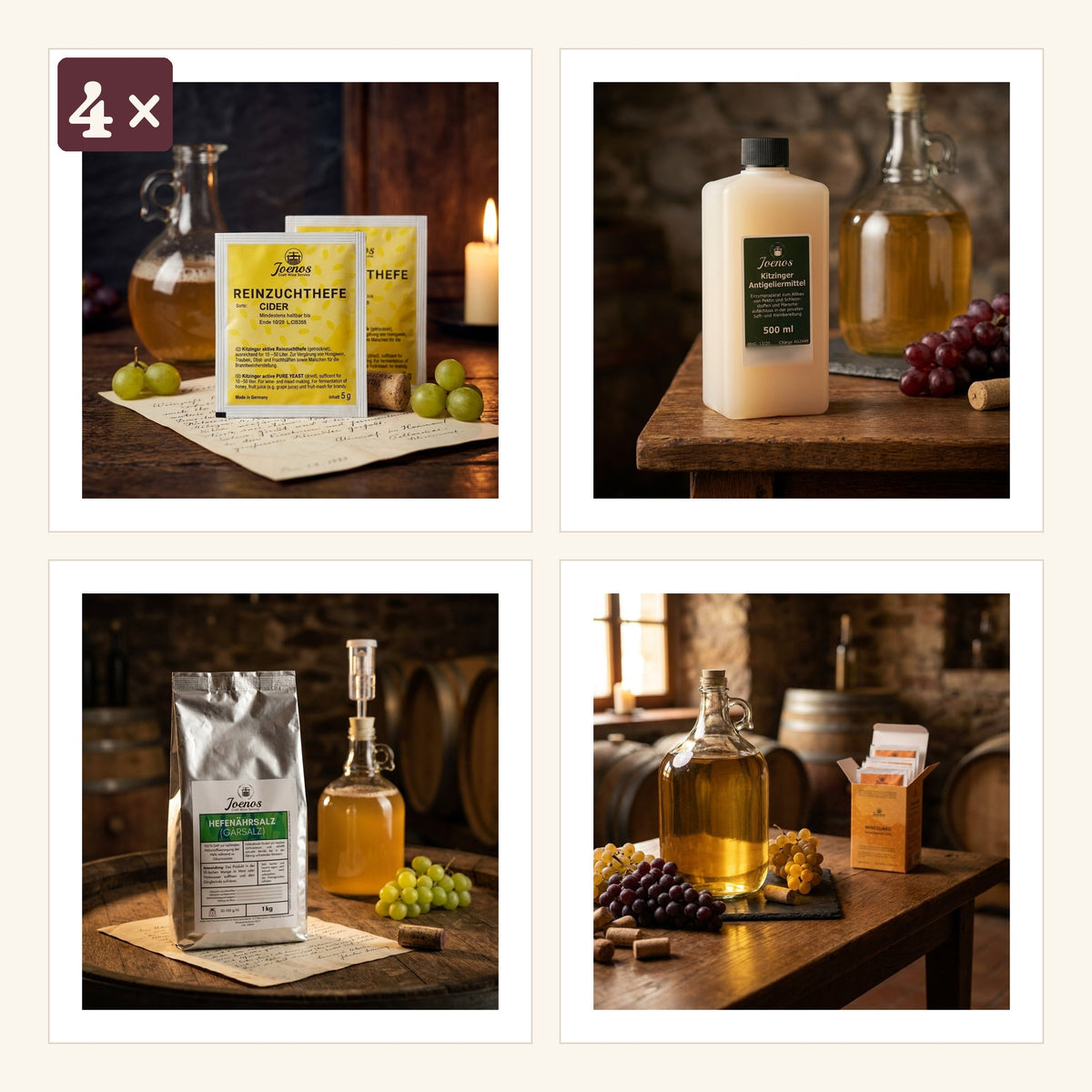 Streuobst-Set: vier Tütchen Cider-Hefe, Antigeliermittel 500 ml, Hefenährsalz 1 kg und Schwefelpulver 10 × 10 g